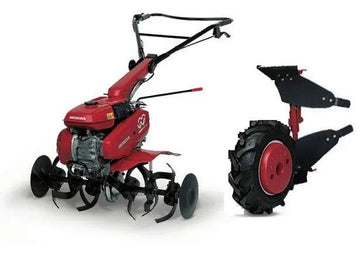 Motoculteur HONDA F 506 avec Kit Labour : moteur Honda GX 160, 3 vitesses avant/1 arrière, brabant réversible, roues + masses, contrepoids avant. Idéal pour le labour intensif et le travail du sol.