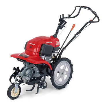Motoculteur HONDA FF 300 : moteur thermique Honda GXV 57, 3 vitesses avant/1 arrière, largeur de travail 29 à 45 cm, 4 fraises rotatives, roue de transport et guidon ergonomique. Idéal pour le jardinage précis.