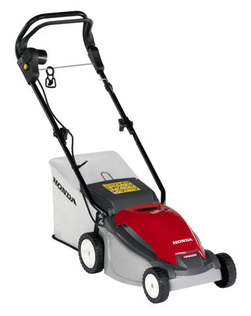 Tondeuse électrique Honda HRE 330 PLE, largeur 33 cm, moteur 1,1 kW, idéale pour 200 m². Coupe sur 3 hauteurs, bac 27L, sécurité lame, démarrage facile, guidon pliable.
