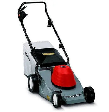 Tondeuse électrique Honda HRE 410 PLE, moteur 1,3 kW, coupe 41 cm, bac 65L, idéale jusqu'à 500 m². Réglage sur 5 hauteurs, démarrage facile, frein moteur, guidon pliable.