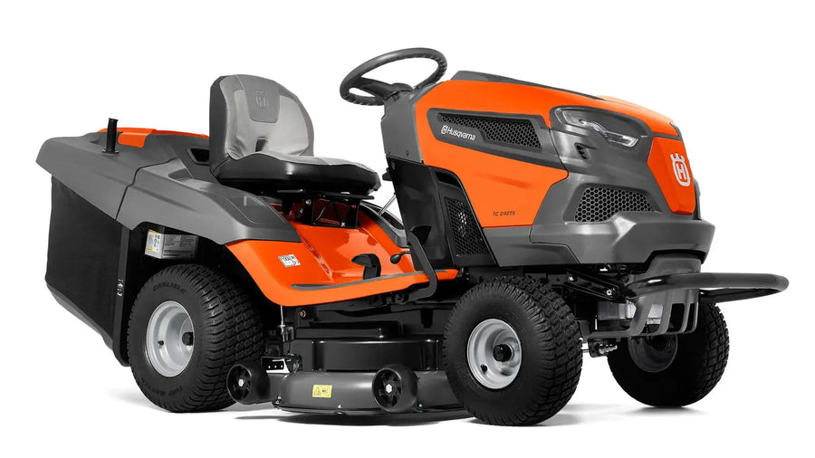 Tondeuse autoportée HUSQVARNA TC 242 TX, moteur Kawasaki bicylindre 726 cm³, 108 cm de coupe, bac 320 L, embrayage électromagnétique, fonction mulching